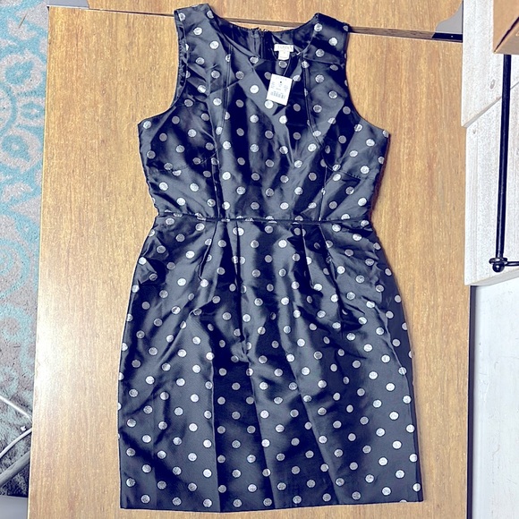 J Crew nwt black polka dot metallic shiny silver print party midi dress - Picture 3 of 7